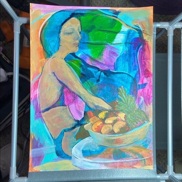 Original Art Work, Vibrant Acrylic Abstract Woman with Blue and Green Accents - Picture 3 of 14